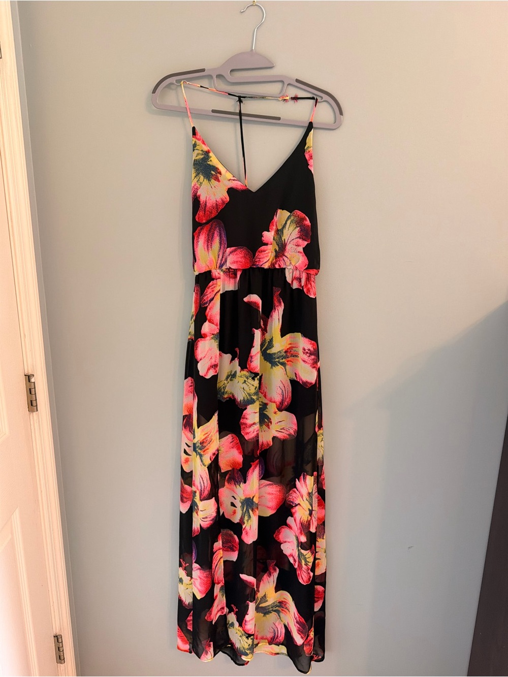 Lush Black Maxi with Neon Pink & Yellow Floral Swirl